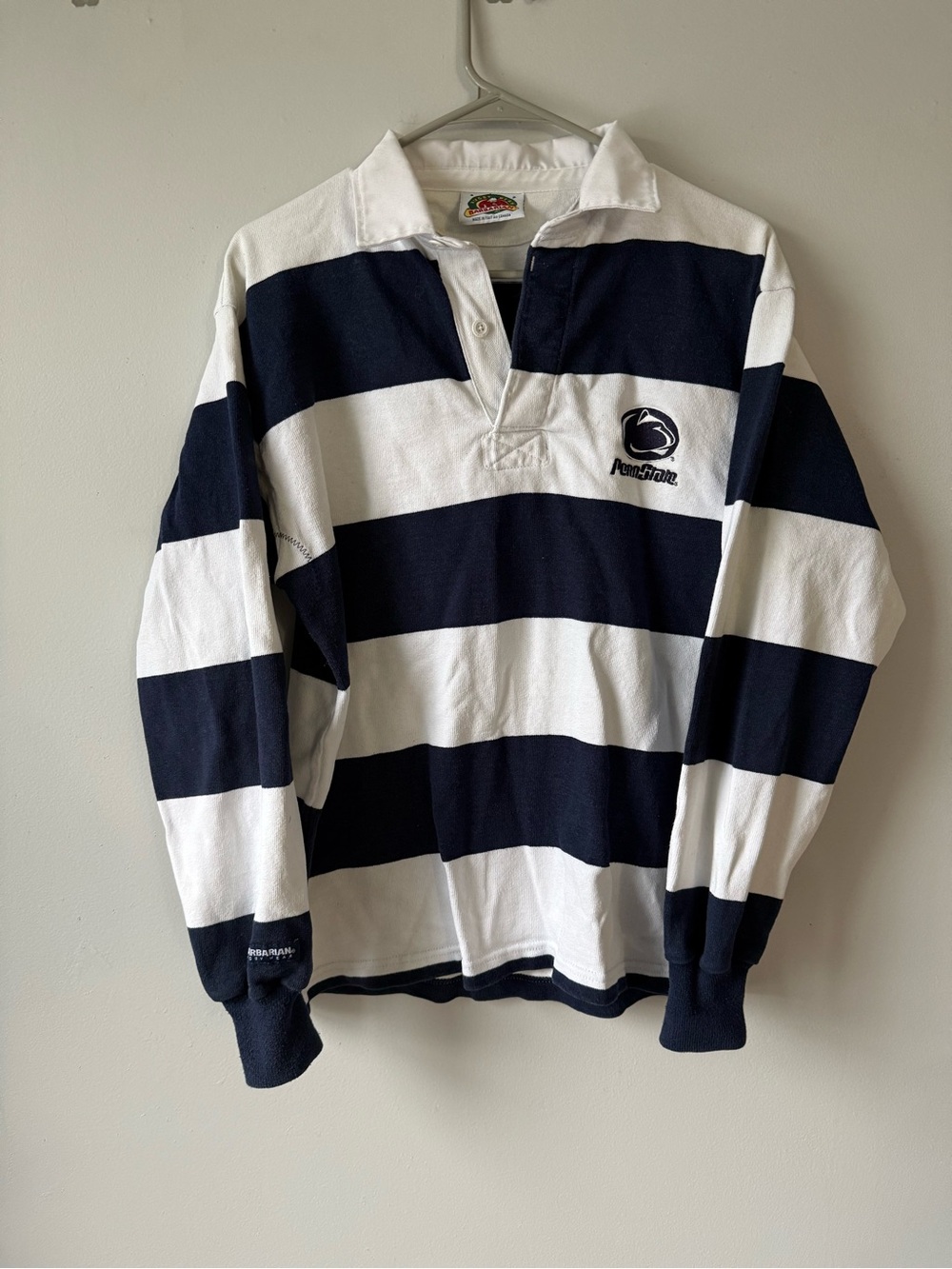 VTG PENN STATE PSU Navy White Striped Rugby Shirt Sweatshirt Pullover Size S